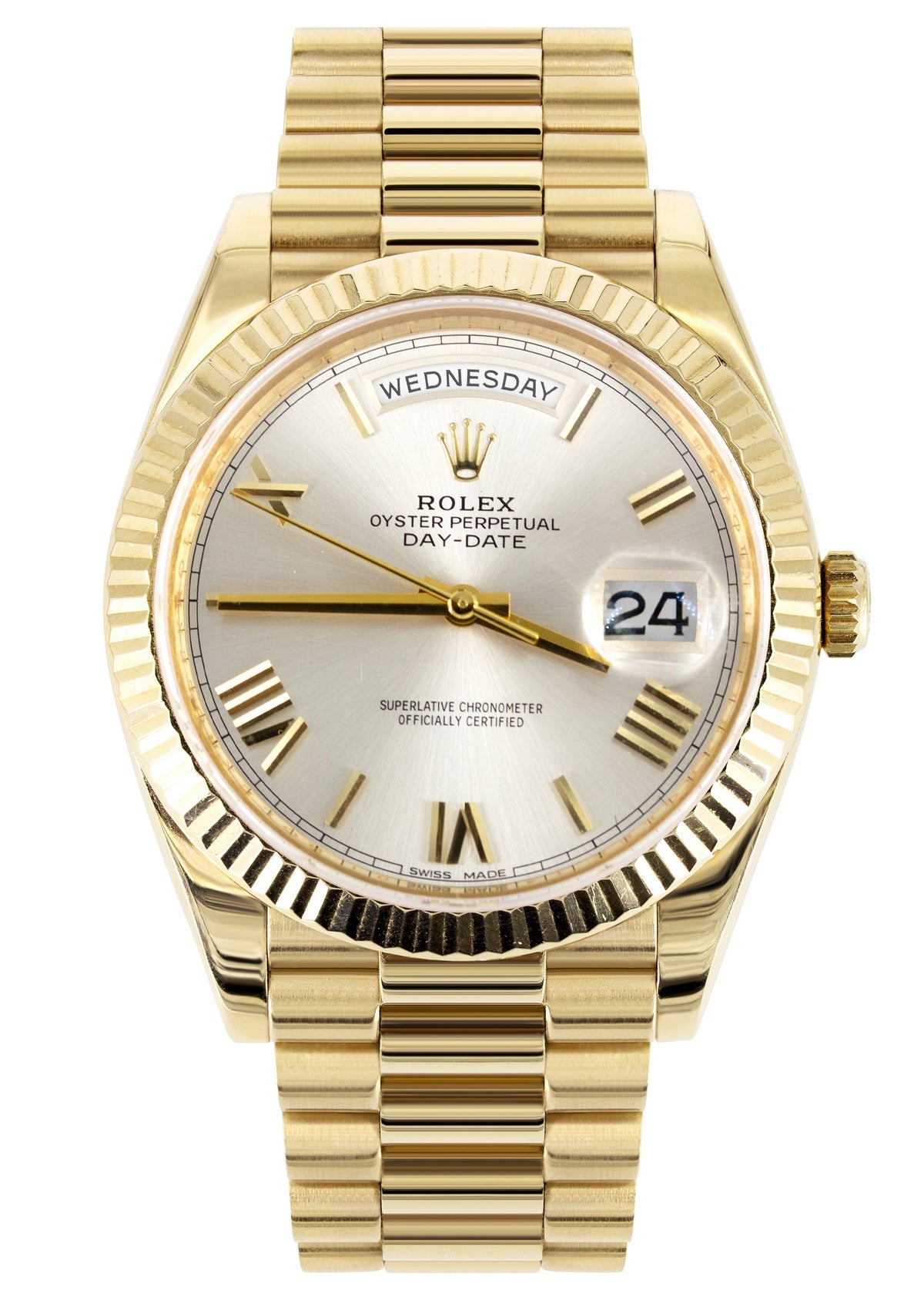 Rolex Day-Date 40 Presidential | 18k Yellow Gold 228238| Silver Roman Dial | Fluted Bezel