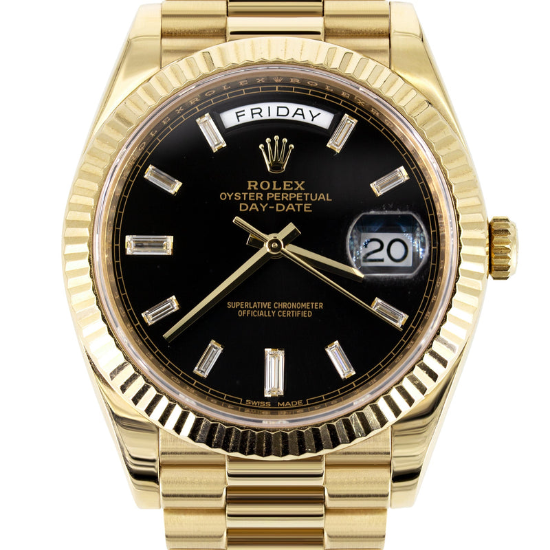 Rolex Day-Date 40 Presidential | 18k Yellow Gold 228238 | Black Diamond Baguette Dial | Fluted Bezel