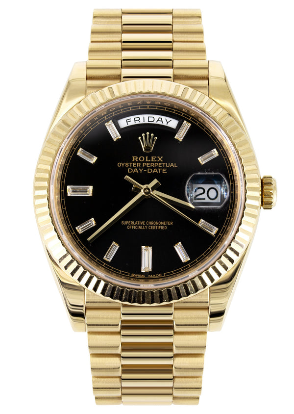 Rolex Day-Date 40 Presidential | 18k Yellow Gold 228238 | Black Diamond Baguette Dial | Fluted Bezel