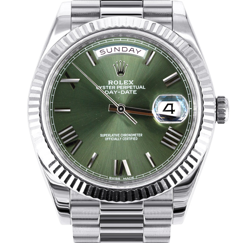 Rolex Day-Date 40 Presidential | 18k White Gold 228239 | Green Olive Roman Dial | Fluted Bezel