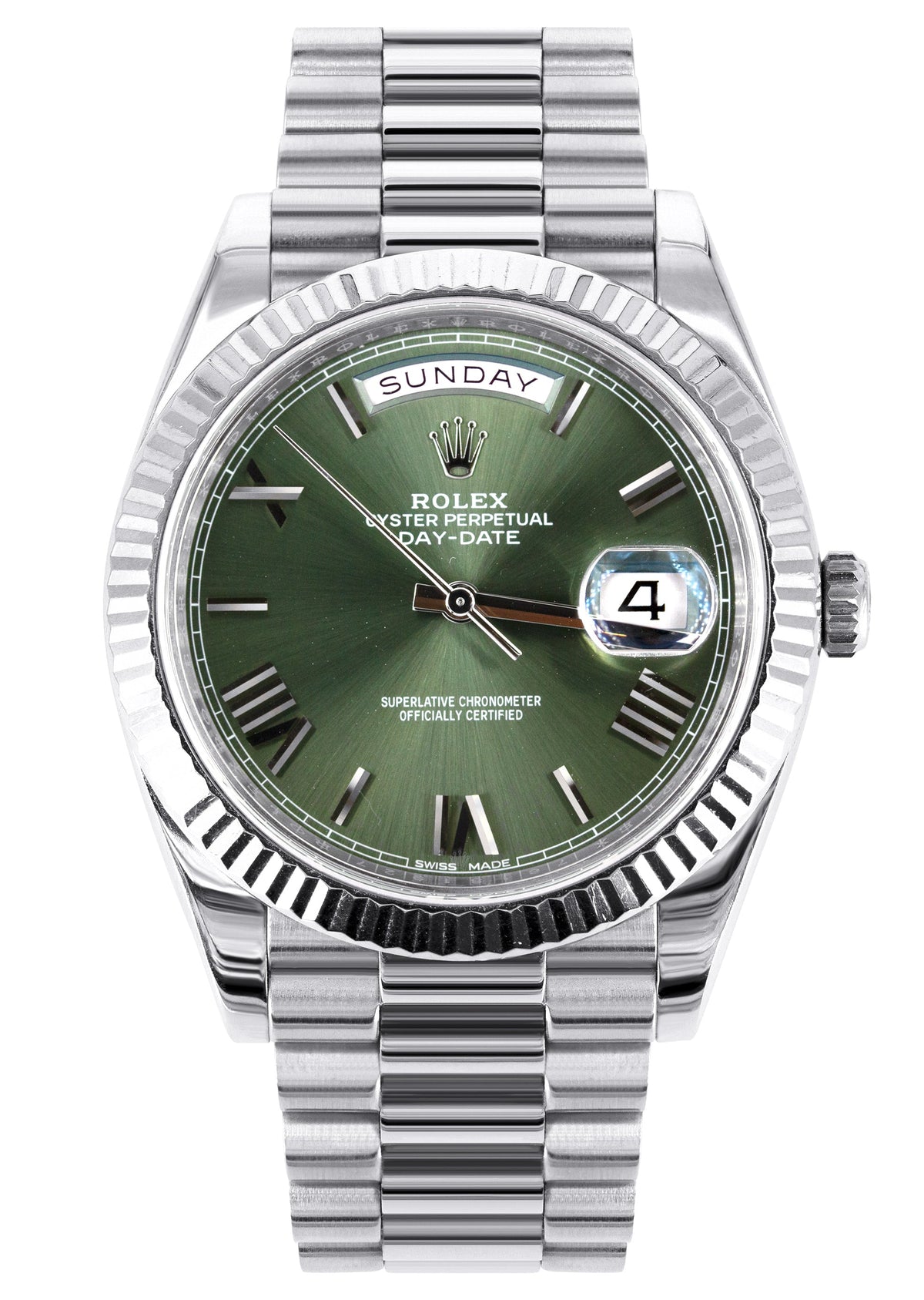 Rolex Day-Date 40 Presidential | 18k White Gold 228239 | Green Olive Roman Dial | Fluted Bezel