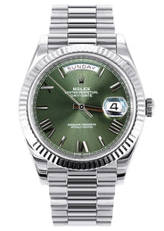 Rolex Day-Date 40 Presidential | 18k White Gold 228239 | Green Olive Roman Dial | Fluted Bezel