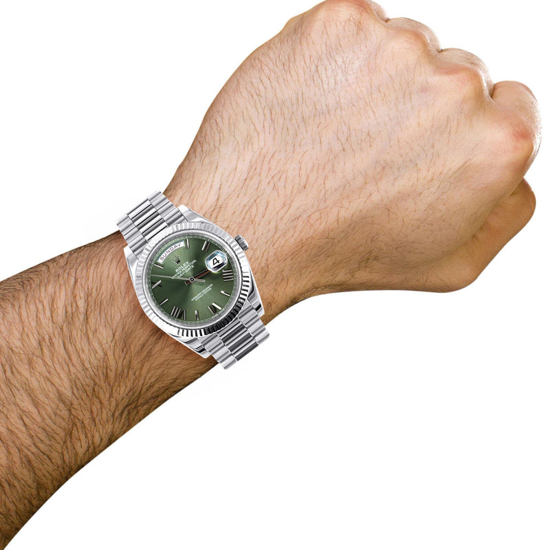 Rolex Day-Date 40 Presidential | 18k White Gold 228239 | Green Olive Roman Dial | Fluted Bezel