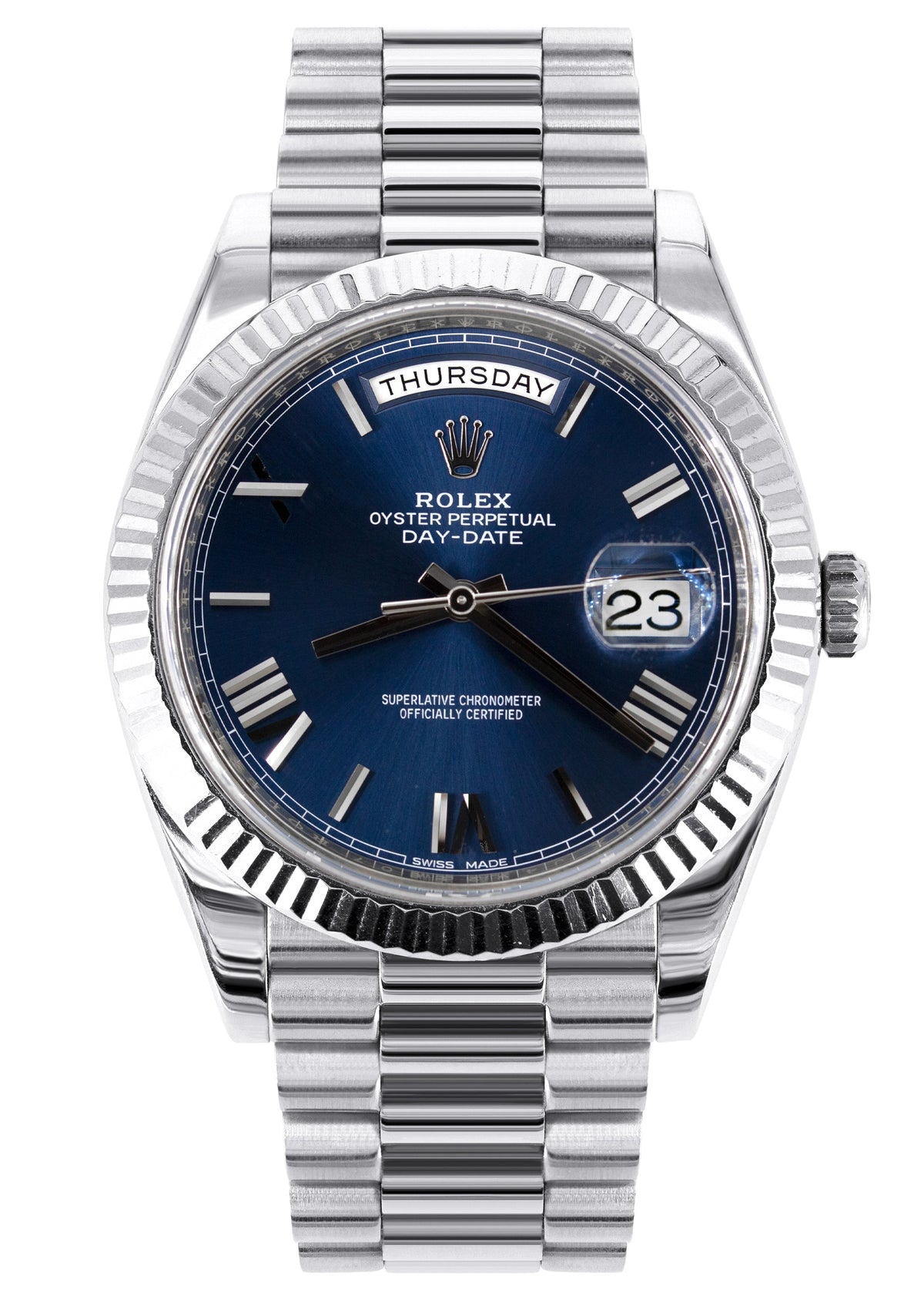Rolex Day-Date 40 Presidential | 18k White Gold 228239 | Blue Roman Dial | Fluted Bezel