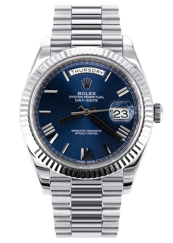 Rolex Day-Date 40 Presidential | 18k White Gold 228239 | Blue Roman Dial | Fluted Bezel