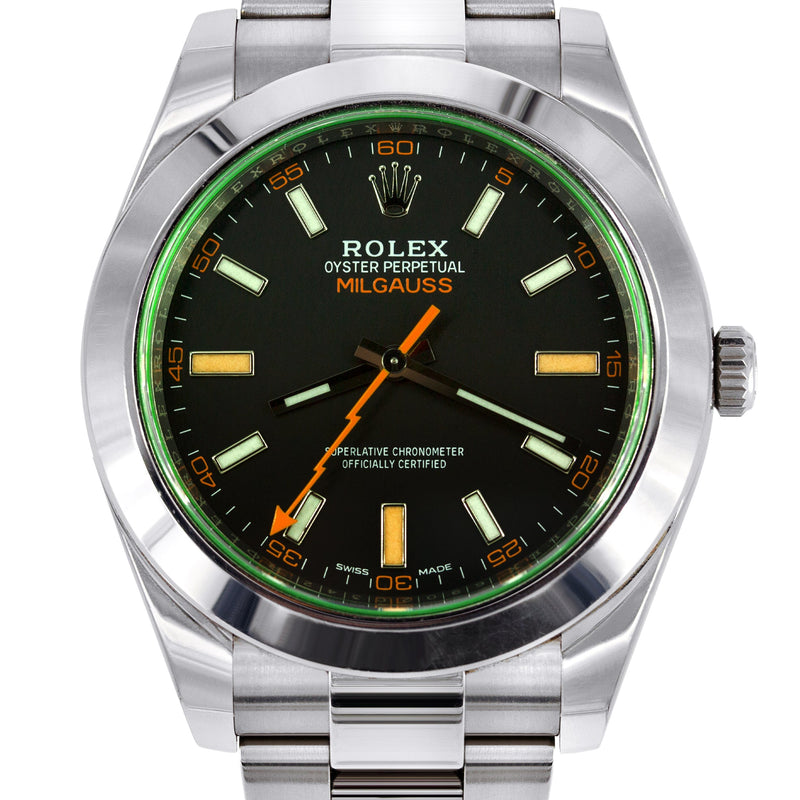 ROLEX MILGAUSS 40 MM | OYSTER STEEL WATCH | BLACK DIAL| GREEN CRYSTAL | 11640GV