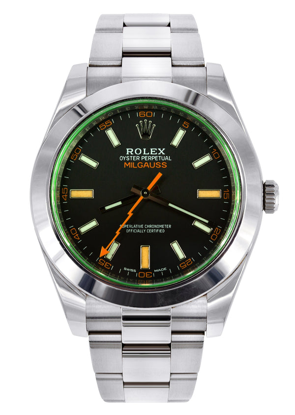 ROLEX MILGAUSS 40 MM | OYSTER STEEL WATCH | BLACK DIAL| GREEN CRYSTAL | 11640GV