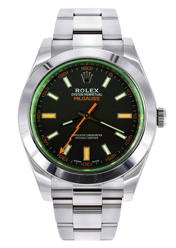 ROLEX MILGAUSS 40 MM | OYSTER STEEL WATCH | BLACK DIAL| GREEN CRYSTAL | 11640GV