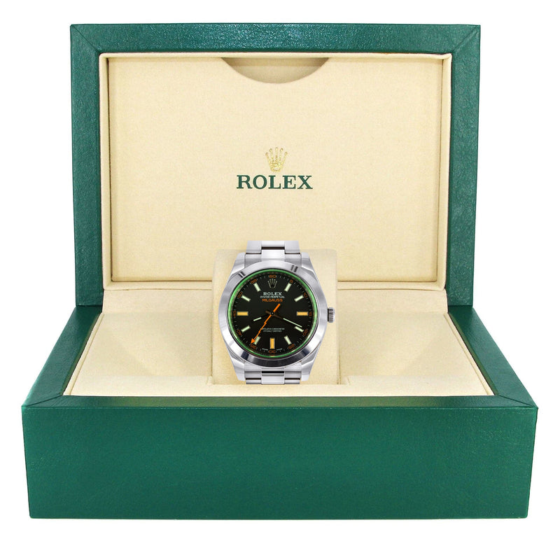 ROLEX MILGAUSS 40 MM | OYSTER STEEL WATCH | BLACK DIAL| GREEN CRYSTAL | 11640GV