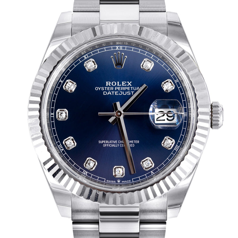 ROLEX DATEJUST 41 MM | OYSTER BAND | STEEL WATCH | FACTORY BLUE DIAMOND | 18K FLUTED BEZEL