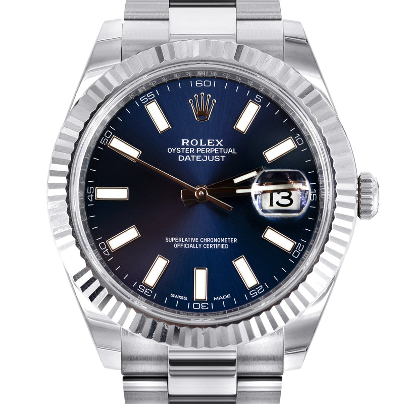 ROLEX DATEJUST 41 MM | OYSTER BAND | STEEL WATCH | BLUE STICK DIAL | 18K FLUTED BEZEL