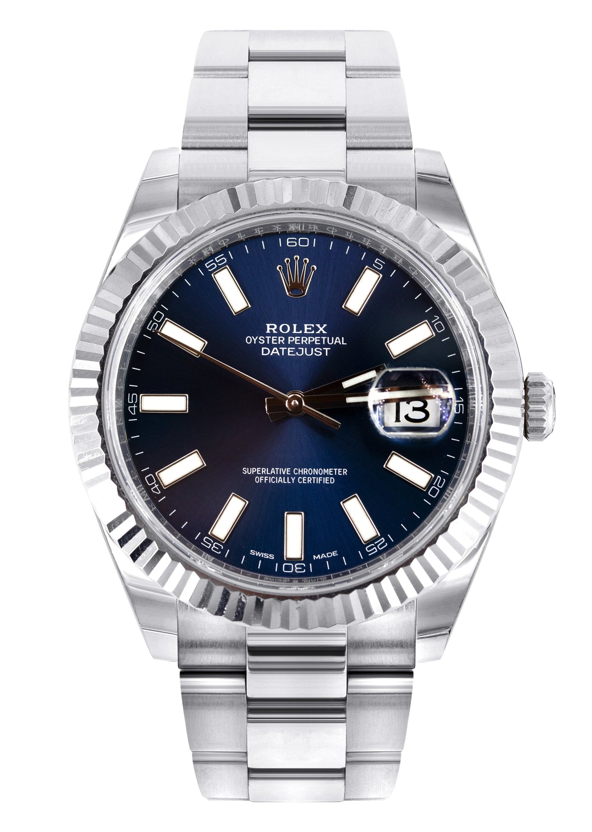 ROLEX DATEJUST 41 MM | OYSTER BAND | STEEL WATCH | BLUE STICK DIAL | 18K FLUTED BEZEL