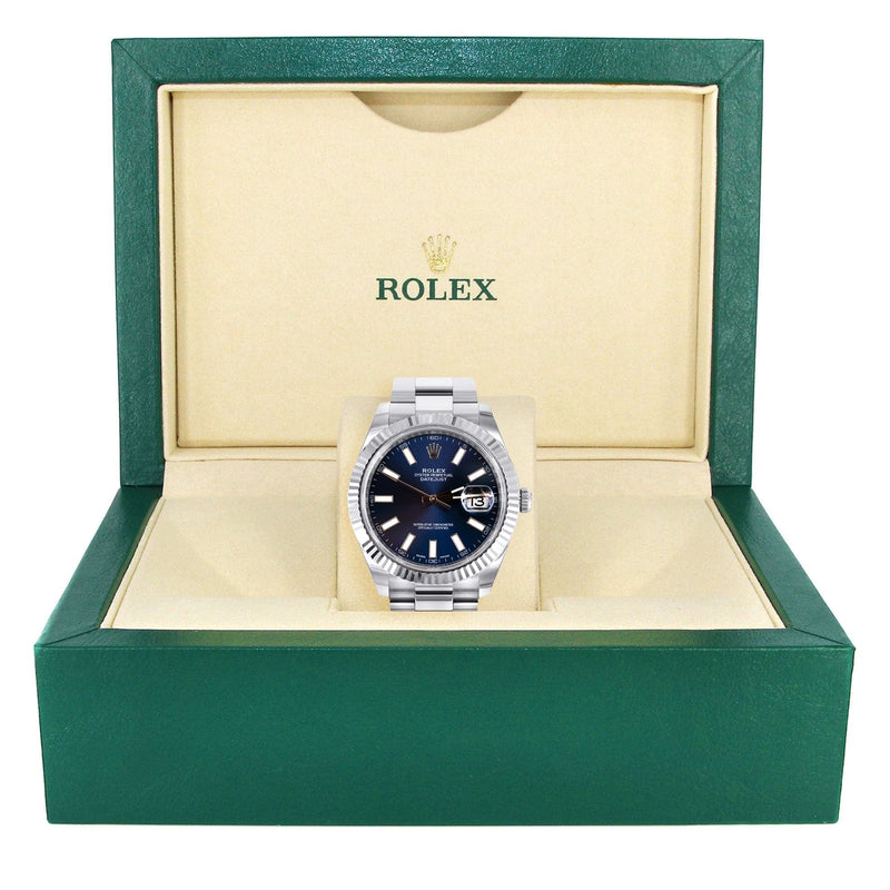 ROLEX DATEJUST 41 MM | OYSTER BAND | STEEL WATCH | BLUE STICK DIAL | 18K FLUTED BEZEL