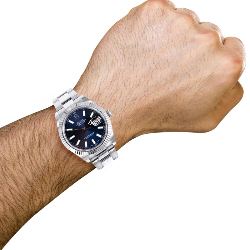 ROLEX DATEJUST 41 MM | OYSTER BAND | STEEL WATCH | BLUE STICK DIAL | 18K FLUTED BEZEL