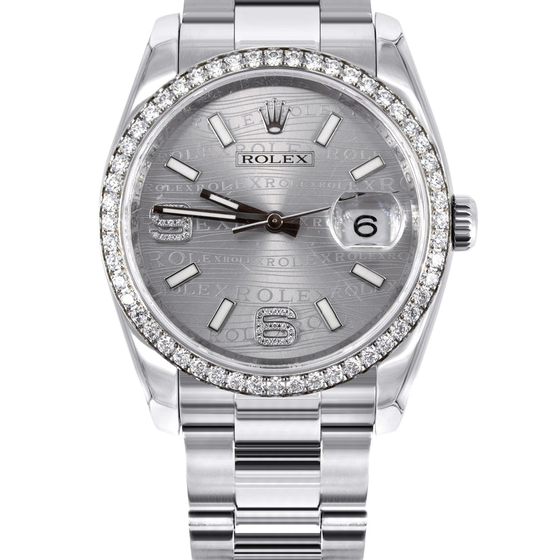 ROLEX DATEJUST 36 MM | OYSTER STEEL WATCH | SILVER DIAMOND WAVE DIAL| 116244 | FACTORY DIAMOND BEZEL