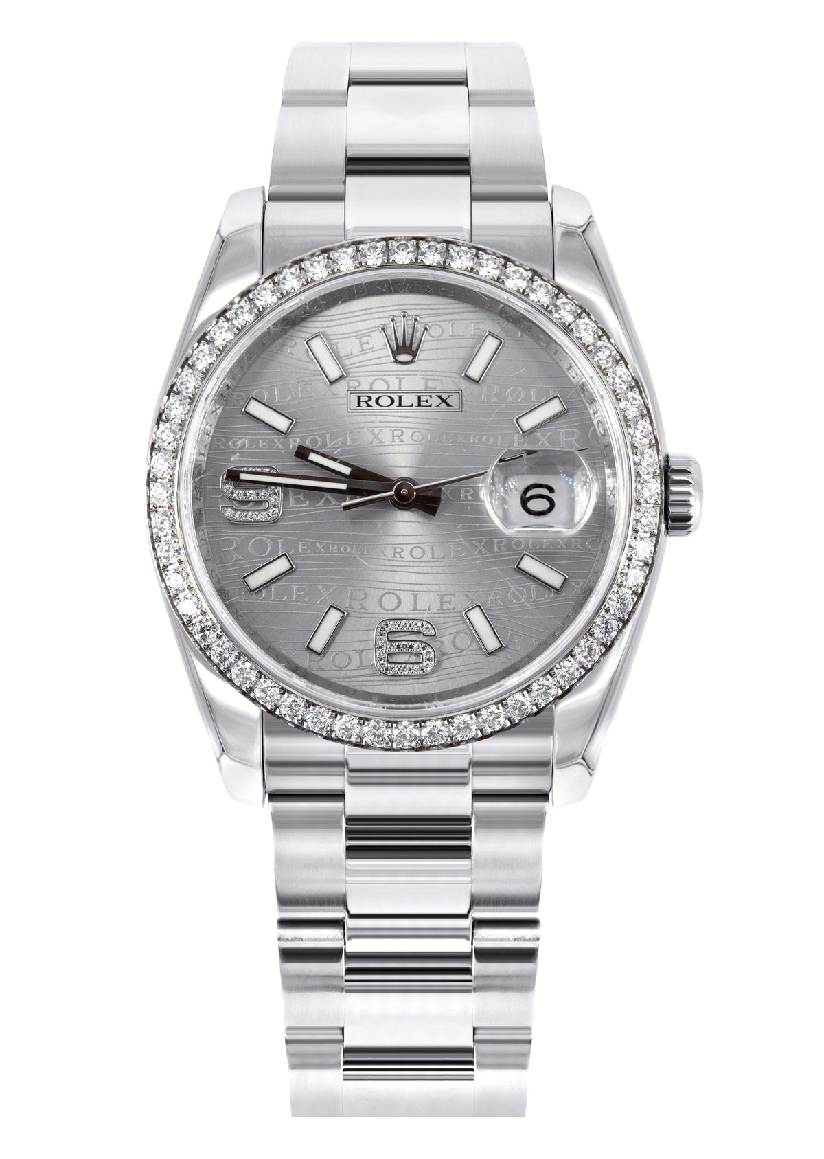 ROLEX DATEJUST 36 MM | OYSTER STEEL WATCH | SILVER DIAMOND WAVE DIAL| 116244 | FACTORY DIAMOND BEZEL