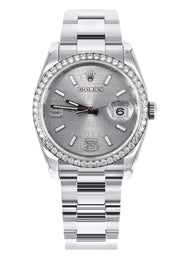ROLEX DATEJUST 36 MM | OYSTER STEEL WATCH | SILVER DIAMOND WAVE DIAL| 116244 | FACTORY DIAMOND BEZEL