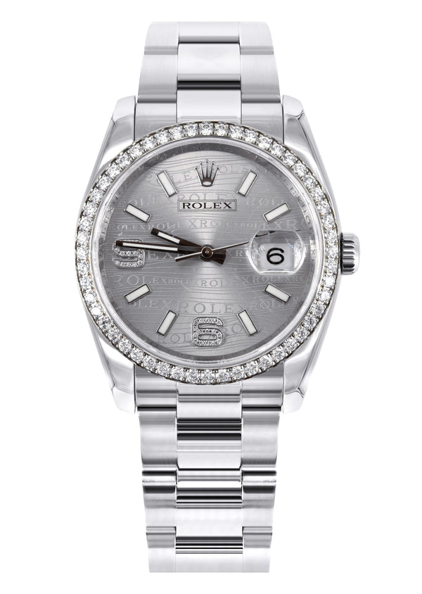 ROLEX DATEJUST 36 MM | OYSTER STEEL WATCH | SILVER DIAMOND WAVE DIAL| 116244 | FACTORY DIAMOND BEZEL