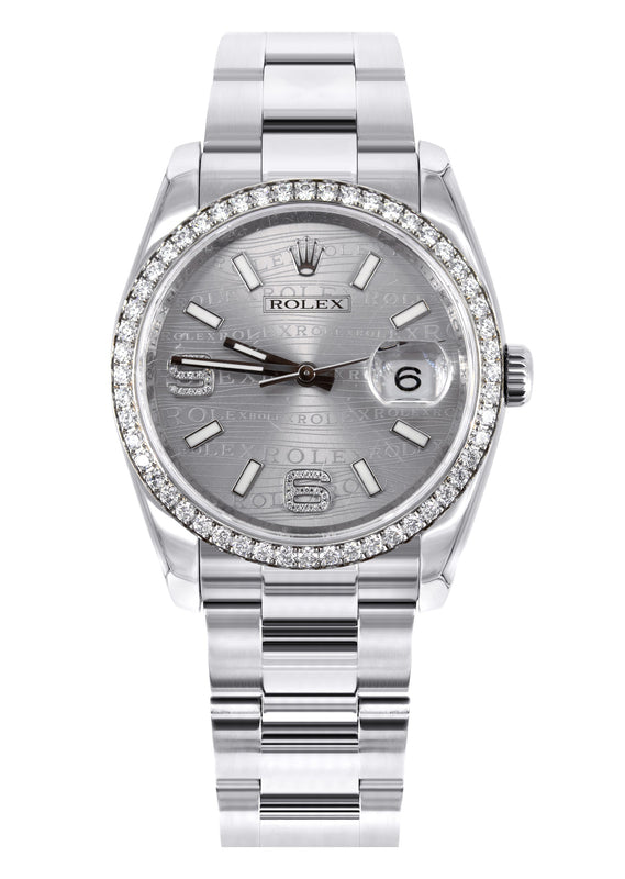 ROLEX DATEJUST 36 MM | OYSTER STEEL WATCH | SILVER DIAMOND WAVE DIAL| 116244 | FACTORY DIAMOND BEZEL
