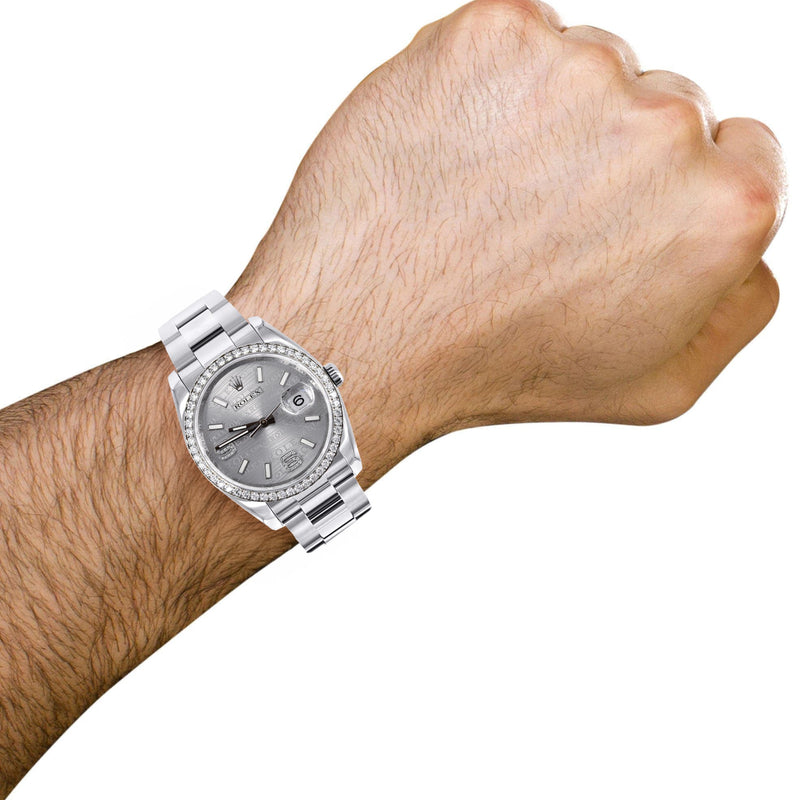 ROLEX DATEJUST 36 MM | OYSTER STEEL WATCH | SILVER DIAMOND WAVE DIAL| 116244 | FACTORY DIAMOND BEZEL