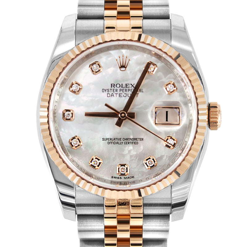 ROLEX DATEJUST 36 MM | TWO TONE 18K ROSE & STEEL WATCH | FACTORY MOTHER OF PEARL DIAMOND DIAL| 116231 | 18K FLUTED BEZEL
