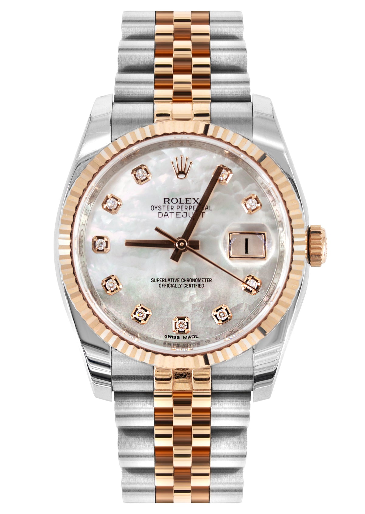 ROLEX DATEJUST 36 MM | TWO TONE 18K ROSE & STEEL WATCH | FACTORY MOTHER OF PEARL DIAMOND DIAL| 116231 | 18K FLUTED BEZEL
