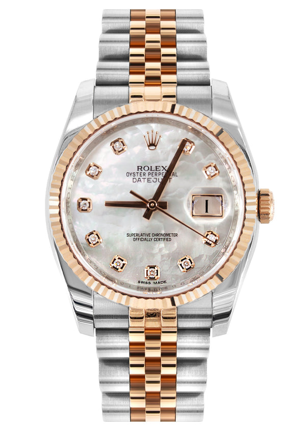 ROLEX DATEJUST 36 MM | TWO TONE 18K ROSE & STEEL WATCH | FACTORY MOTHER OF PEARL DIAMOND DIAL| 116231 | 18K FLUTED BEZEL