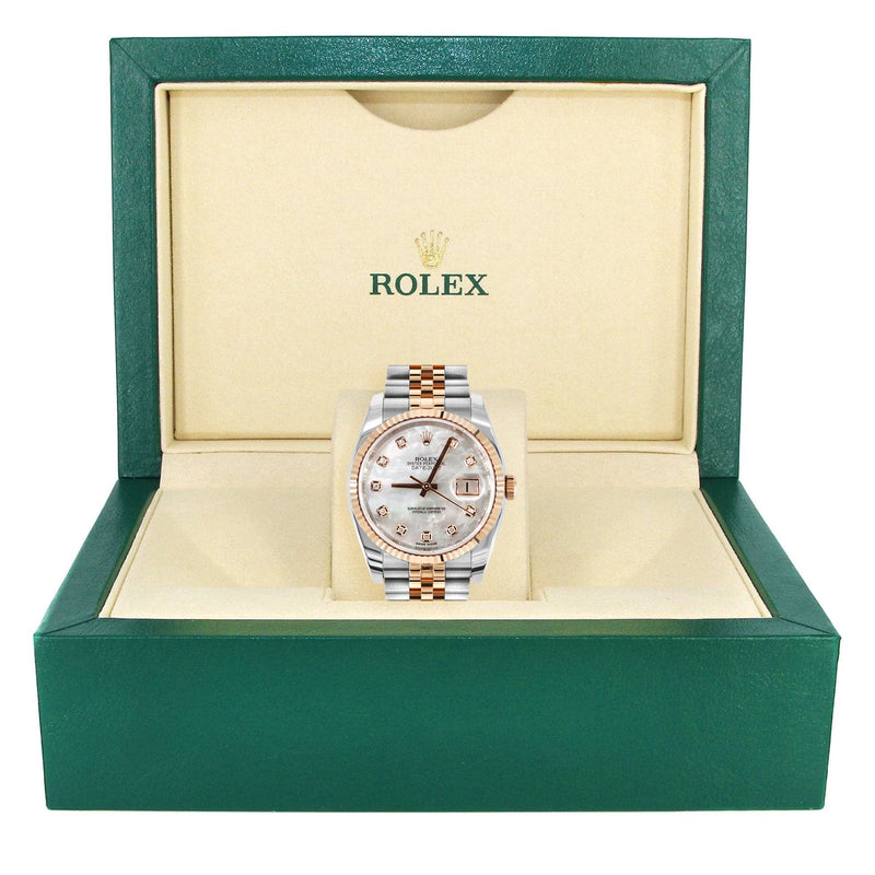 ROLEX DATEJUST 36 MM | TWO TONE 18K ROSE & STEEL WATCH | FACTORY MOTHER OF PEARL DIAMOND DIAL| 116231 | 18K FLUTED BEZEL