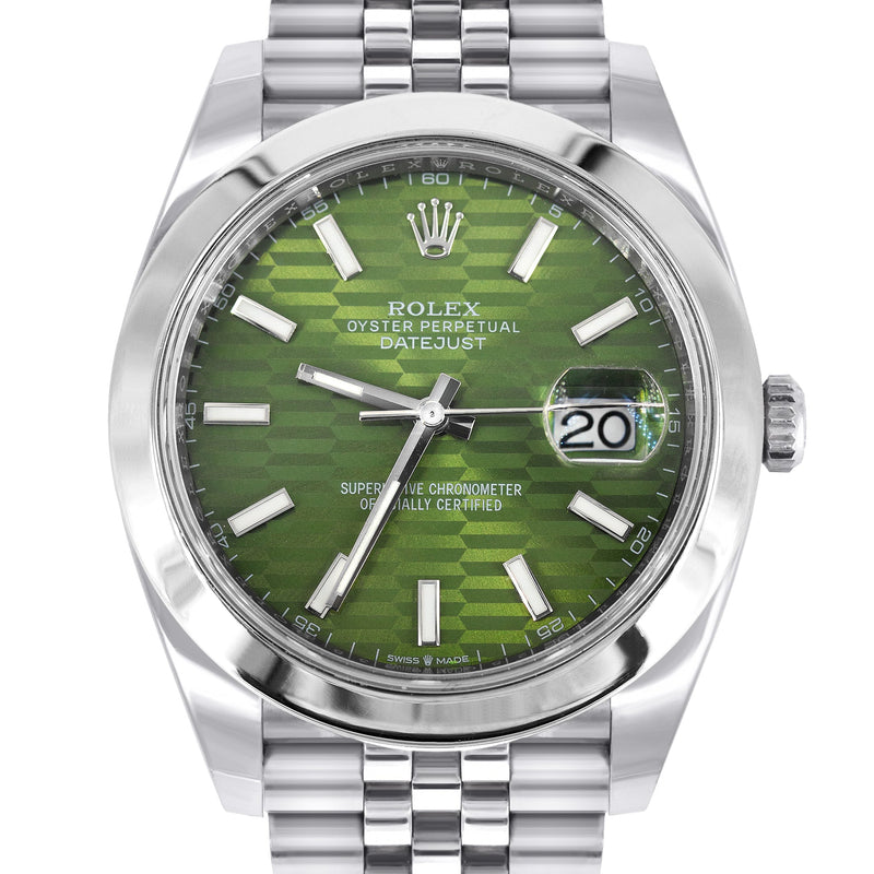 ROLEX DATEJUST 41 MM | OYSTER STEEL WATCH | GREEN MOTIF DIAL| 126300 | SMOOTH BEZEL