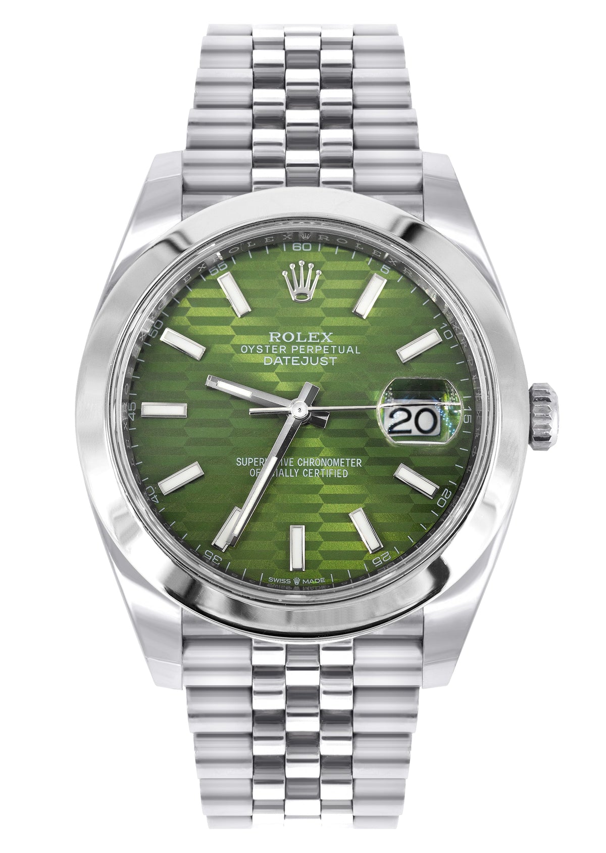 ROLEX DATEJUST 41 MM | OYSTER STEEL WATCH | GREEN MOTIF DIAL| 126300 | SMOOTH BEZEL
