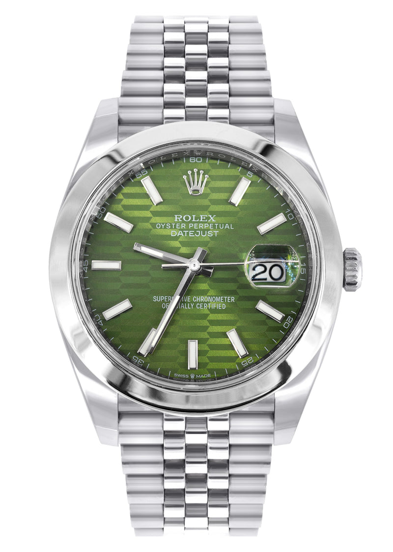 ROLEX DATEJUST 41 MM | OYSTER STEEL WATCH | GREEN MOTIF DIAL| 126300 | SMOOTH BEZEL