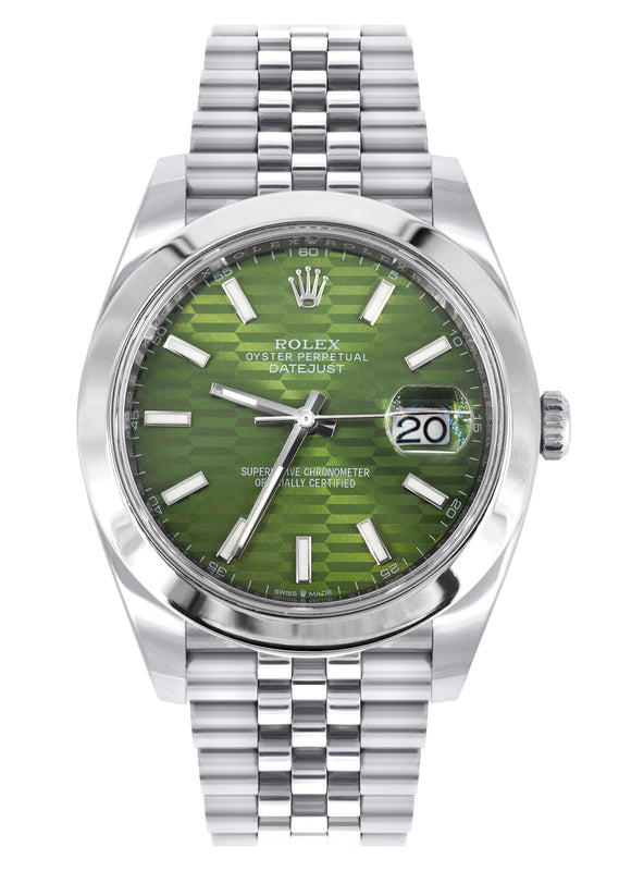 ROLEX DATEJUST 41 MM | OYSTER STEEL WATCH | GREEN MOTIF DIAL| 126300 | SMOOTH BEZEL