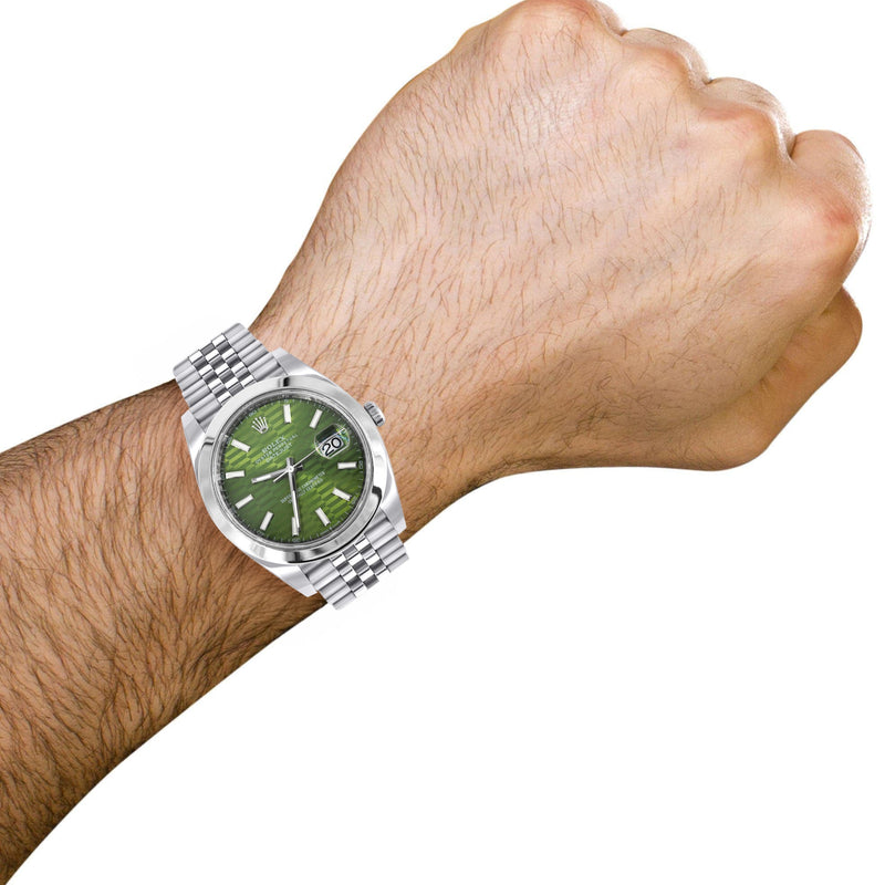 ROLEX DATEJUST 41 MM | OYSTER STEEL WATCH | GREEN MOTIF DIAL| 126300 | SMOOTH BEZEL