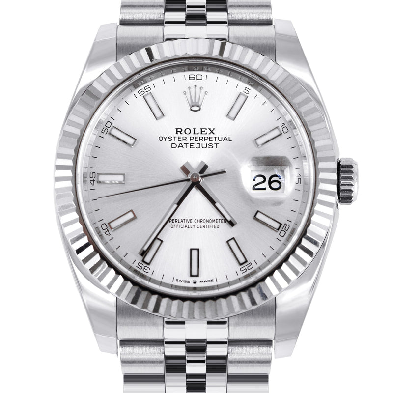 ROLEX DATEJUST 41 MM | STEEL WATCH | JUBILEE BAND | SILVER INDEX DIAL | 18K FLUTED BEZEL