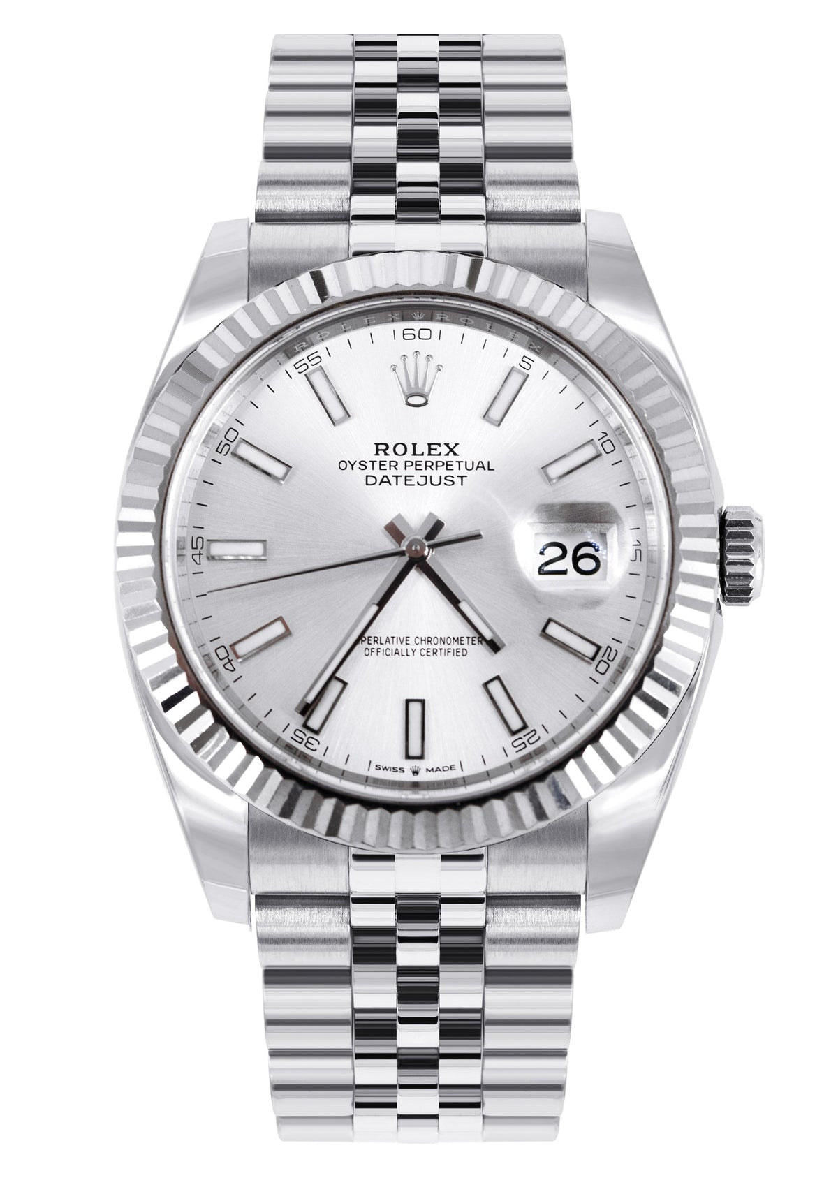 ROLEX DATEJUST 41 MM | STEEL WATCH | JUBILEE BAND | SILVER INDEX DIAL | 18K FLUTED BEZEL