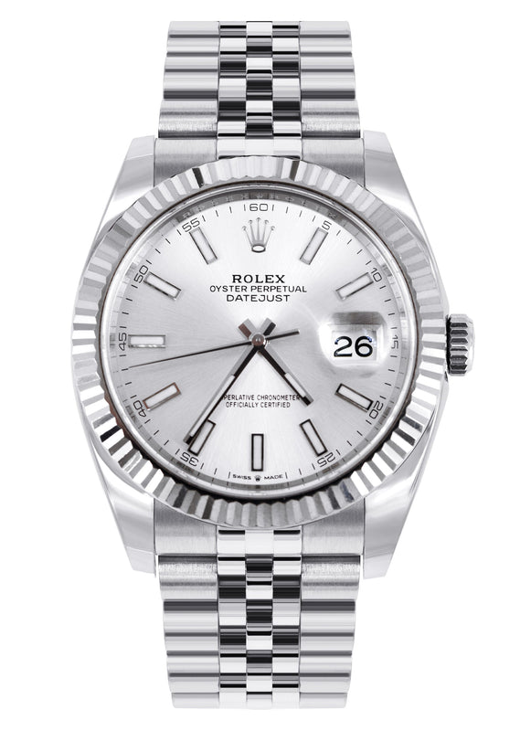 ROLEX DATEJUST 41 MM | STEEL WATCH | JUBILEE BAND | SILVER INDEX DIAL | 18K FLUTED BEZEL