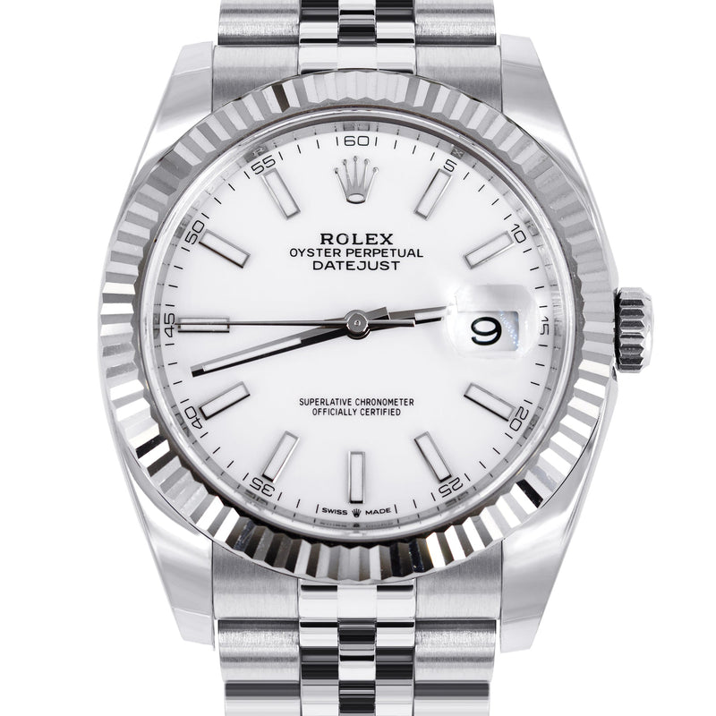 ROLEX DATEJUST 41 MM | STEEL WATCH | JUBILEE BAND | WHITE INDEX DIAL | 18K FLUTED BEZEL