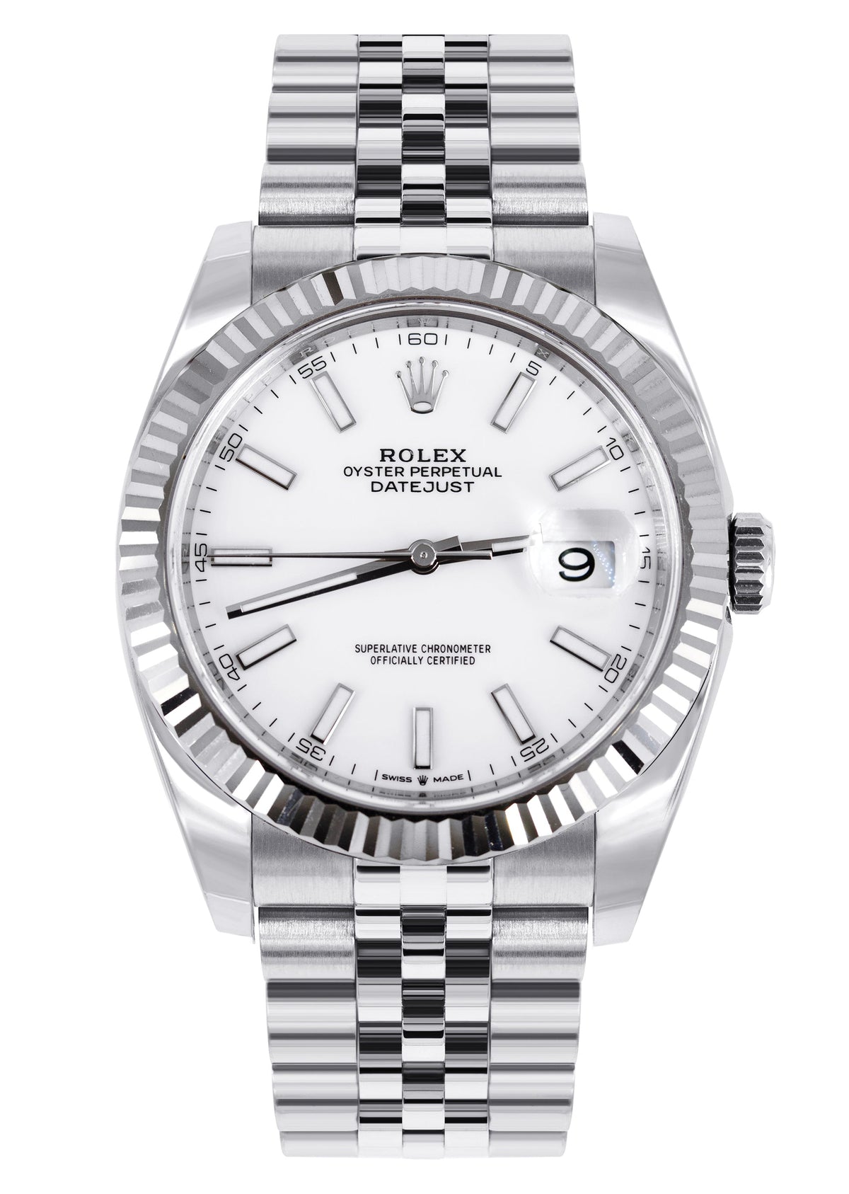 ROLEX DATEJUST 41 MM | STEEL WATCH | JUBILEE BAND | WHITE INDEX DIAL | 18K FLUTED BEZEL