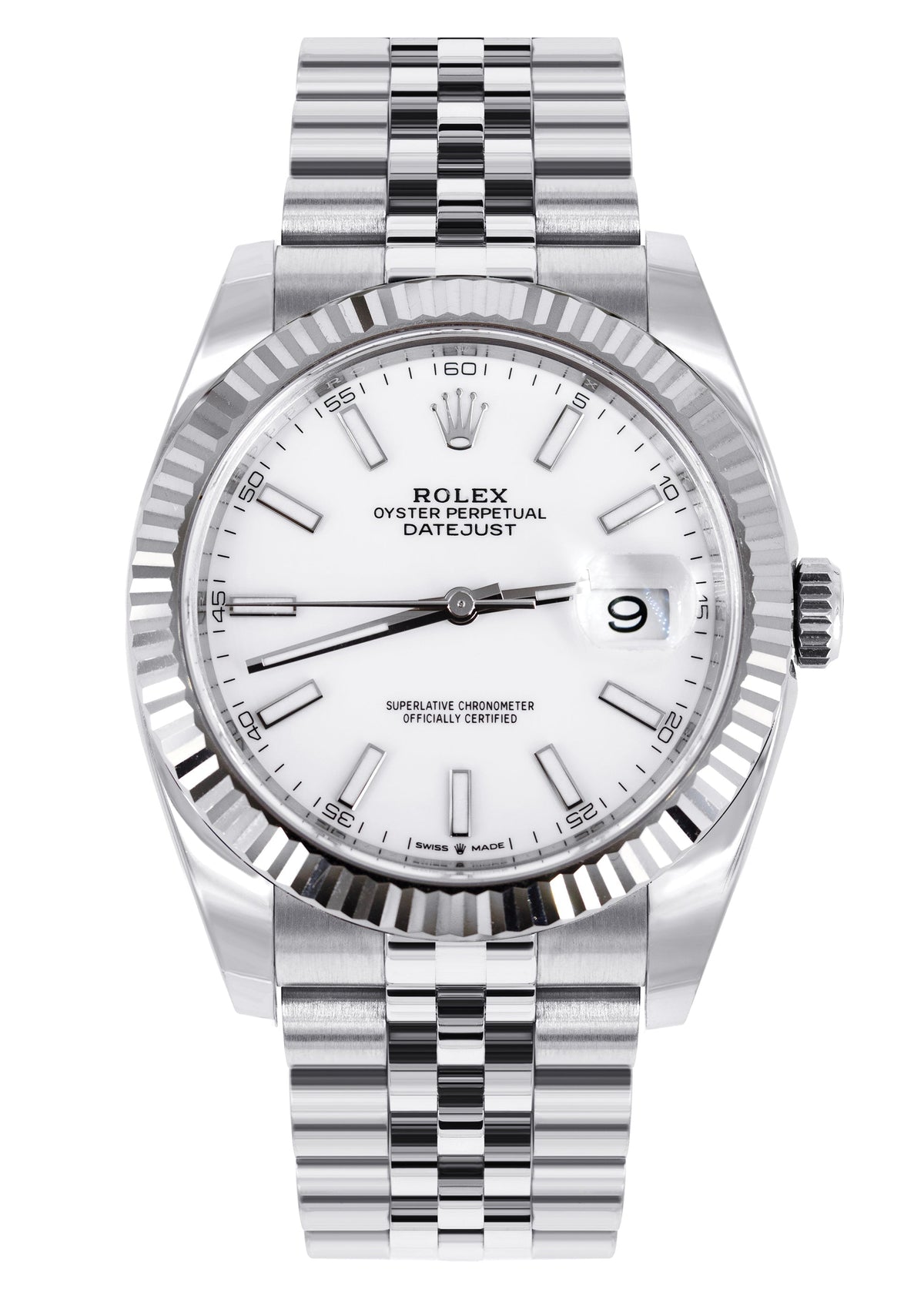 ROLEX DATEJUST 41 MM | STEEL WATCH | JUBILEE BAND | WHITE INDEX DIAL | 18K FLUTED BEZEL