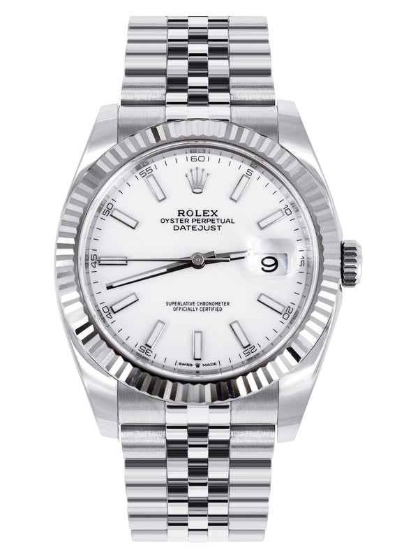 ROLEX DATEJUST 41 MM | STEEL WATCH | JUBILEE BAND | WHITE INDEX DIAL | 18K FLUTED BEZEL