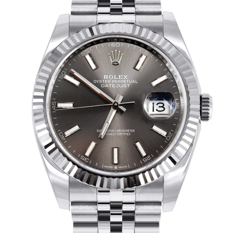 ROLEX DATEJUST 41 MM | STEEL WATCH | JUBILEE BAND | RHODIUM INDEX DIAL | 18K FLUTED BEZEL