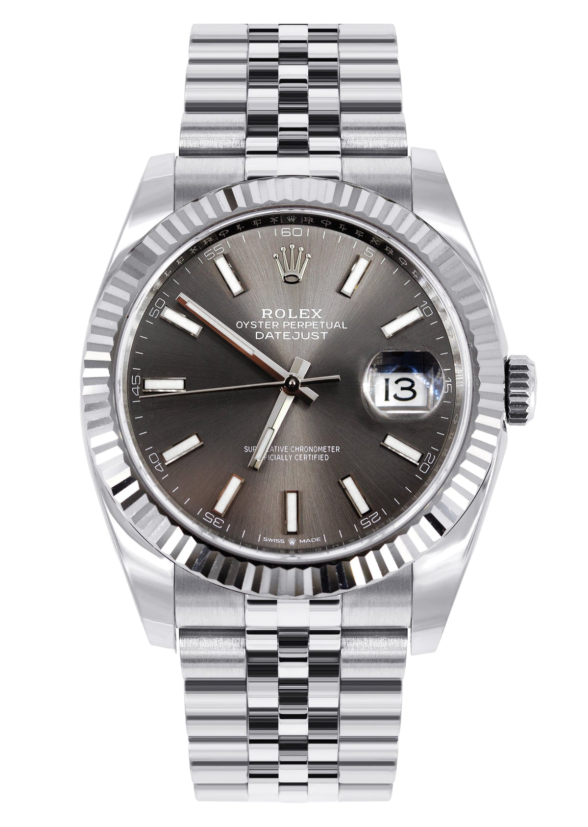 ROLEX DATEJUST 41 MM | STEEL WATCH | JUBILEE BAND | RHODIUM INDEX DIAL | 18K FLUTED BEZEL