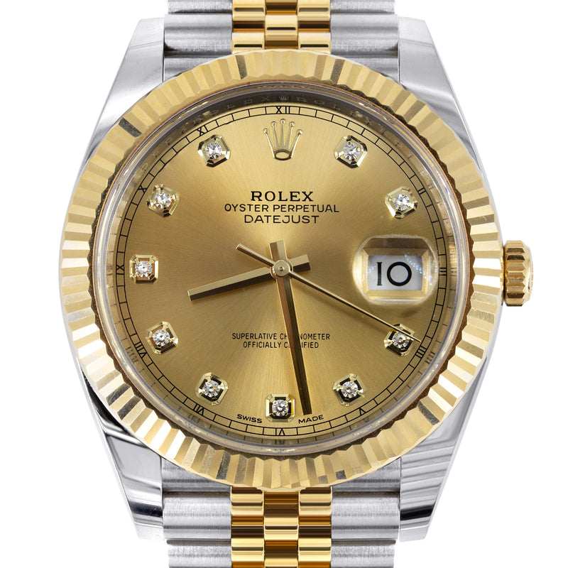 ROLEX DATEJUST 41 MM | 18K YELLOW GOLD & STEEL WATCH | JUBILEE BAND | DIAMOND CHAMPAGNE DIAL