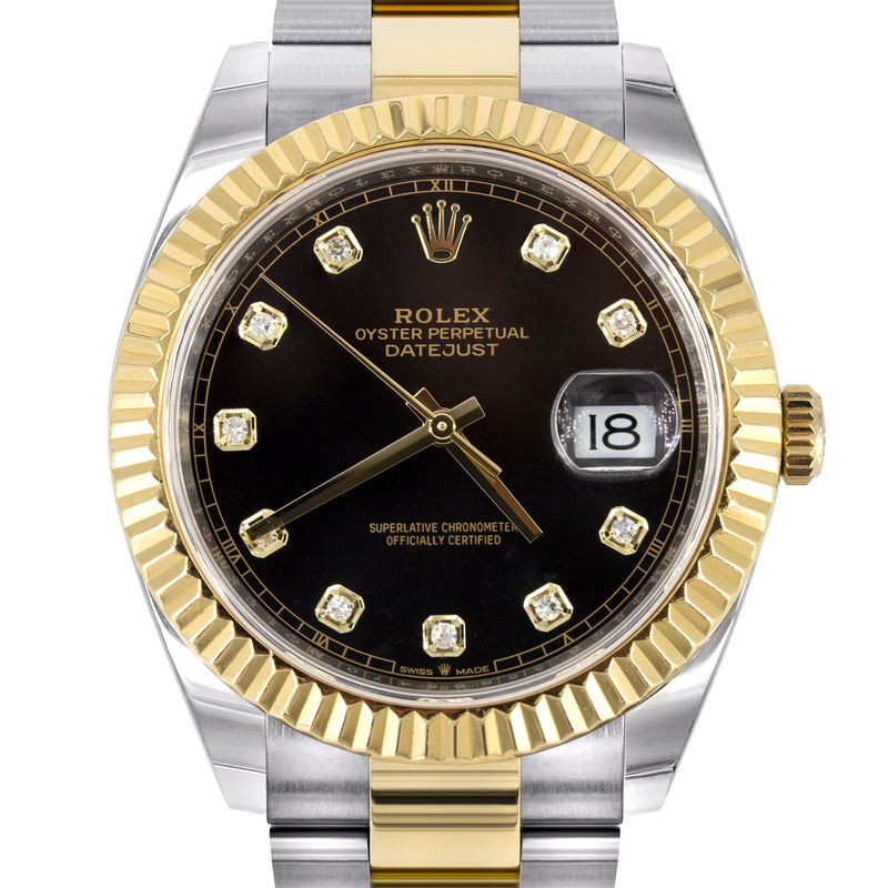 ROLEX DATEJUST 41 MM | 18K YELLOW GOLD & STEEL WATCH | OYSTER BAND | DIAMOND BLACK DIAL