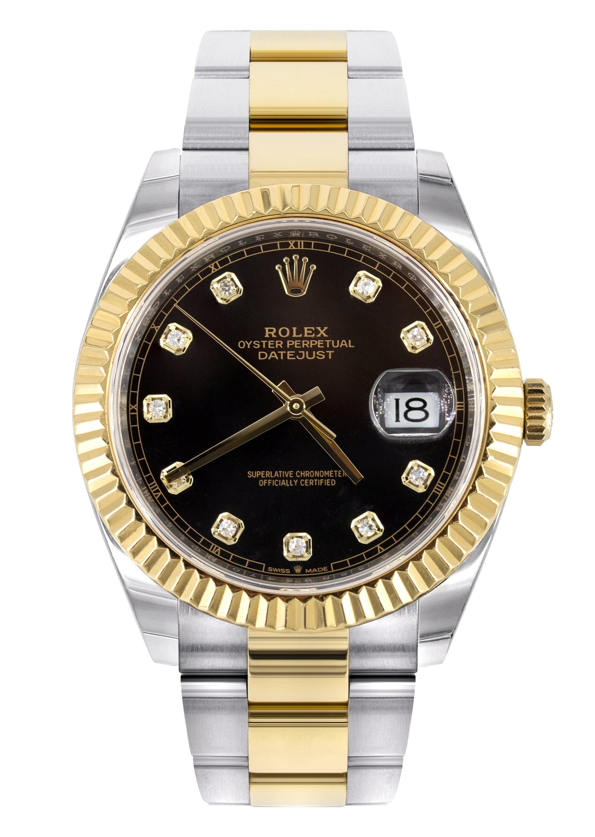 ROLEX DATEJUST 41 MM | 18K YELLOW GOLD & STEEL WATCH | OYSTER BAND | DIAMOND BLACK DIAL