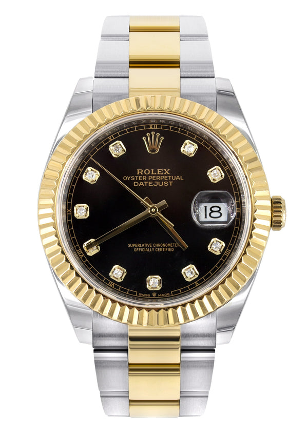ROLEX DATEJUST 41 MM | 18K YELLOW GOLD & STEEL WATCH | OYSTER BAND | DIAMOND BLACK DIAL