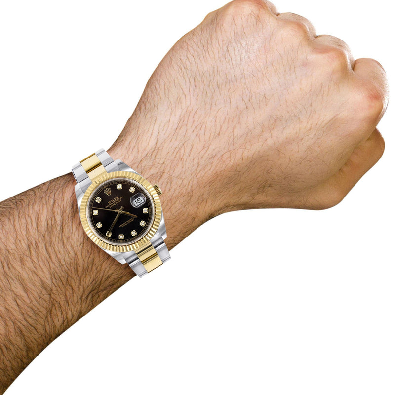 ROLEX DATEJUST 41 MM | 18K YELLOW GOLD & STEEL WATCH | OYSTER BAND | DIAMOND BLACK DIAL