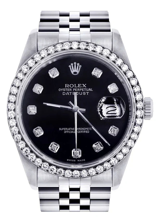 Rolex Datejust Watch 1601 | 36Mm | Black Dial | Jubilee Band 2.35CTW Diamond Bezel