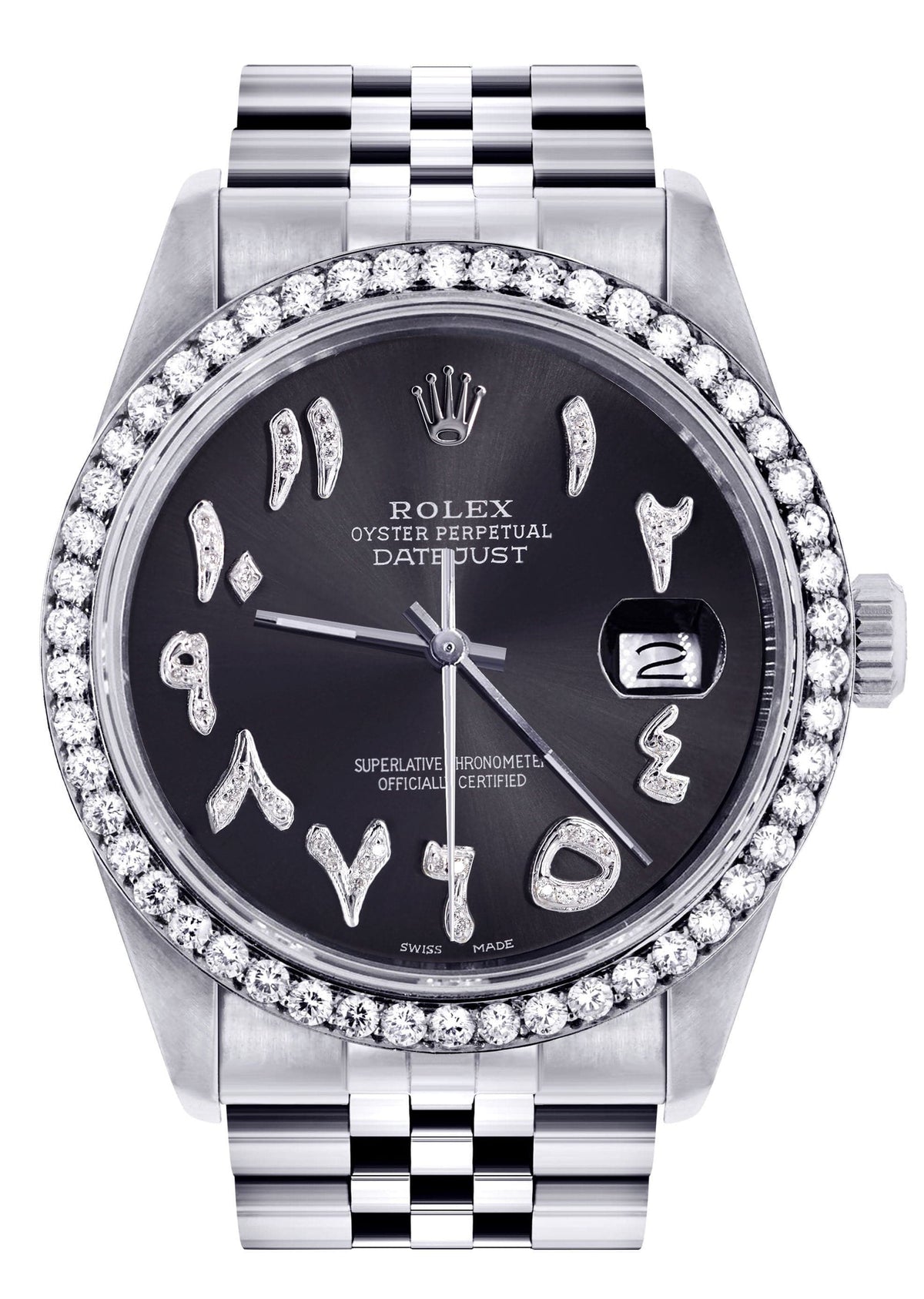 Diamond Mens Rolex Datejust Watch 16200 | 36 MM | Custom Arabic Diamond Dial | Jubilee Band | Diamond Bezel