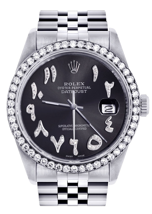 Diamond Mens Rolex Datejust Watch 16200 | 36 MM | Custom Arabic Diamond Dial | Jubilee Band | Diamond Bezel